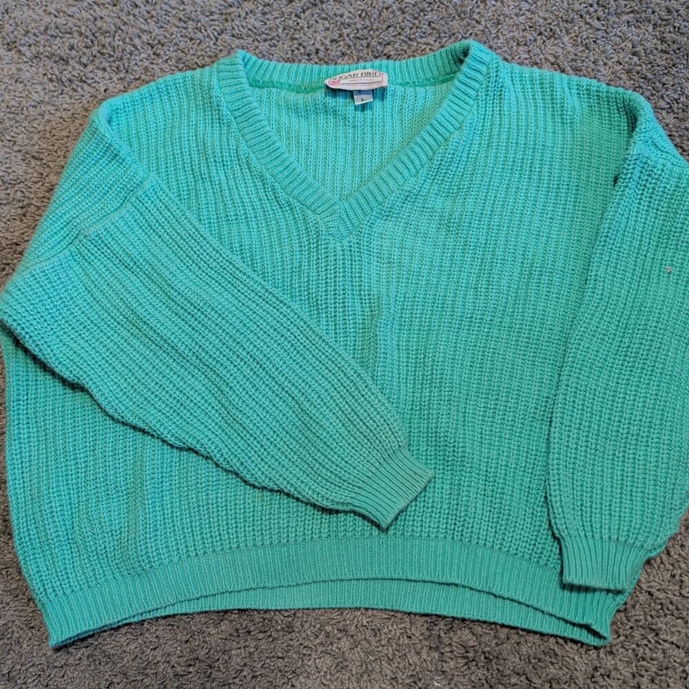 Vintage Sugar Bird Cotton Knit Sweater Large L Green Teal Mint V-Neck USA Made